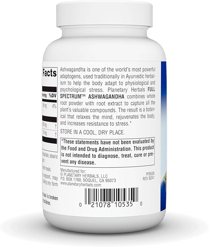 Planetary Herbals Ashwagandha Full Spectrum 570 mg, Rejuvenating Tonifier,120 Tablets