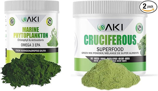AKI Cruciferous Superfood Blend Powder and AKI Marine Phytoplankton Powder - Plant Based Proteins Ideal to Boost Greens Veggie Smoothie Supplements Vitamins | Vegan & GMO Free