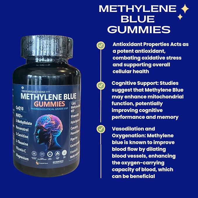 Methylene Blue gummies 12mg Methylene blue for humans with Added Vitamin C, NAD ,L Methylfolate, Methylcobalamin b12, Mitochondrial Support, Brain health & Focus, Clarity, methylated vitamins