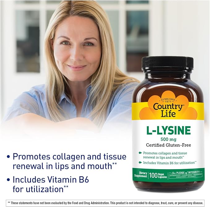 Country Life L-Lysine 500mg with B-6, Supports Immune Health, Promotes Collagen Renewal in Lips and Mouth, 100 Vegan Capsules, Certified Gluten Free, Certified Vegan