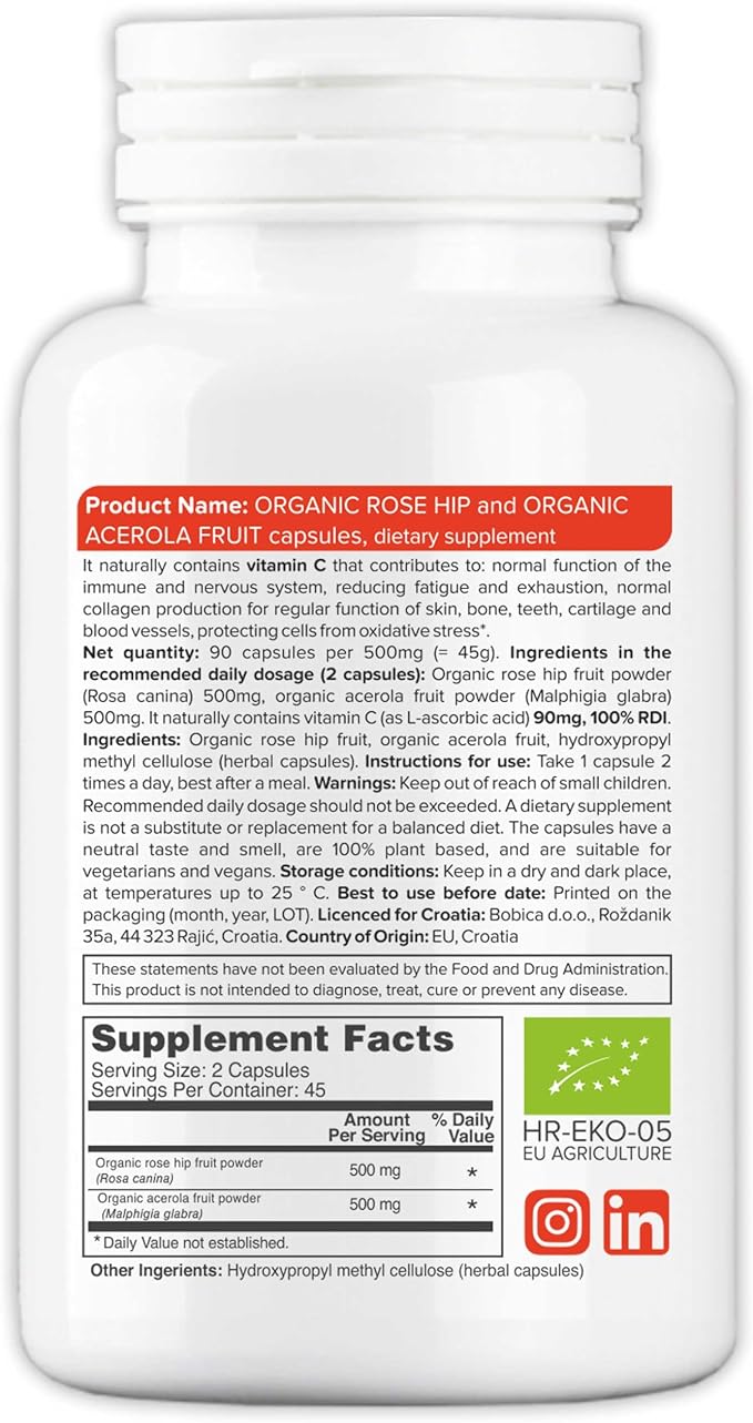 b Organic Rose HIPS Capsules & Acerola Vitamin C 1000mg - Plant Based Vitamin C Supplement Without Ascorbic Acid - Supports Overall Wellness - GMO-Free, Gluten-Free, 90 Vegan Capsules
