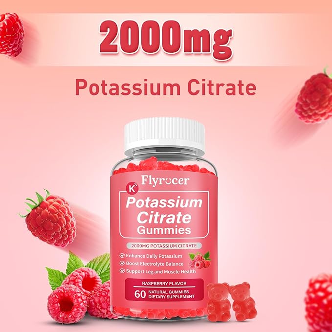 2 Pack Potassium Citrate Gummies for Adults Men & Women, Potassium Supplement for Support Leg Cramps, Muscle Health & Electrolyte Balance, Vegan, Raspberry Flavor, 120 Count