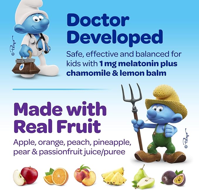 The Smurfs 1mg Melatonin Gummies for Kids with Chamomile & Lemon Balm for a Restful Sleep Age 3+ | Non-Habit Forming | Made with Real Fruit in a Smurf Berry | Doctor Developed | 50 Vegetarian Gummy