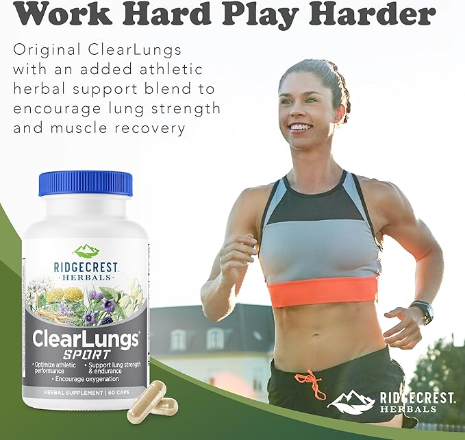 Ridgecrest Herbals ClearLungs Sport, Oxygen Intake and Lung Support Formula with Cordyceps, Rhodiola, Eleuthero (60 Vegan Caps, 30 Serv)