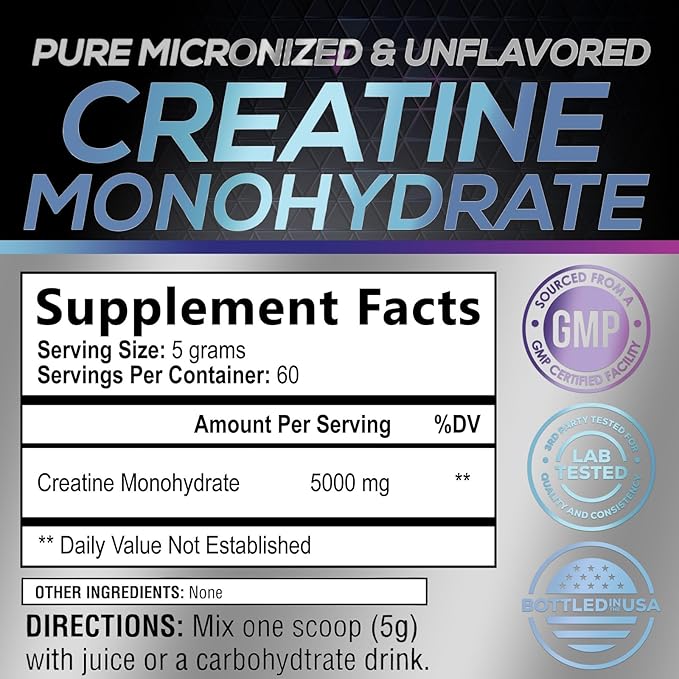 Creatine Powder 5000mg (5g) - Pure Micronized Creatine Monohydrate Supplement Unflavored, Keto Friendly - Creatine Nutritional Supports Muscle Growth & Strength, Vegan, Gluten-Free - 60 Servings