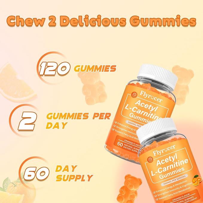 2 Pack Acetyl L-Carnitine Gummies for Energy & Brain Function Support – Vegan, Non-GMO, Orange Flavor, 120 Count (60-Day Supply)