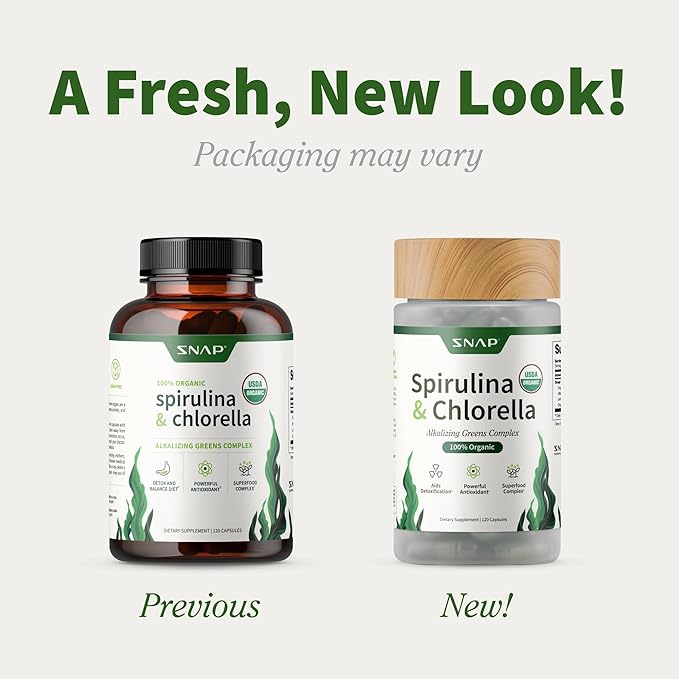Snap Supplements Organic Spirulina and Chlorella Capsules, Chlorophyll and Protein Rich Blue Green Algae Superfood Supplement for Energy and Immune Support, Vegan, Non GMO, Greens Blend, 120 Capsules