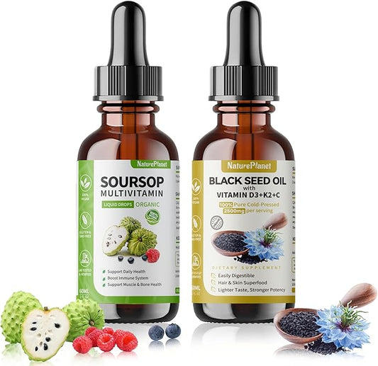 Organic Soursop Bitters and Black Seed Oil Drops Bundles with Vitamins D3, K2, B6, C | Vegan, Non-GMO, Gluten-Free