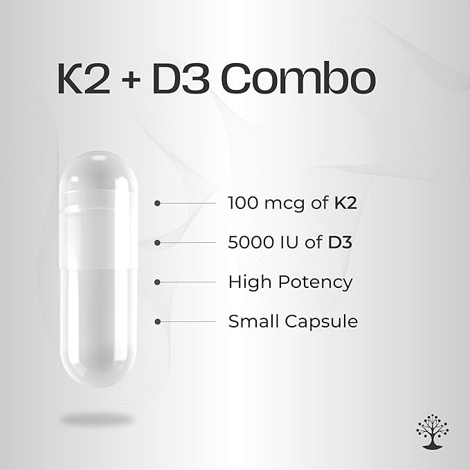 Vitamin D3 K2 Supplement, 5000 IU - Supports Immune and Cardiac Wellness, High Potency, Gluten Free, 60 Capsules