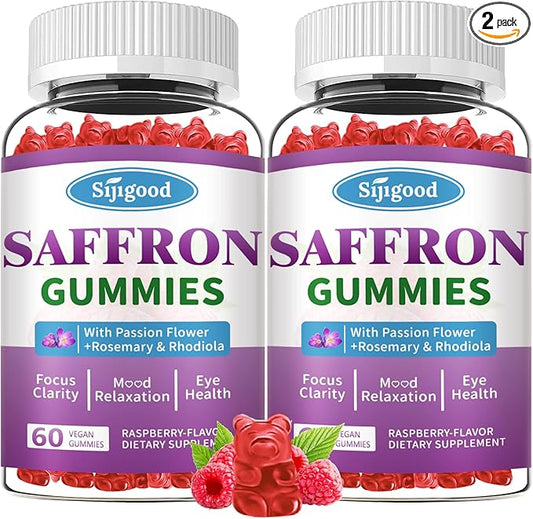 Saffron Gummies - Sugar Free Saffron Supplement for Men Women Mood Support Supplement with Saffron Extract, Passion Flower, Magnesium & Vitamins for Relaxation, Focus, Raspberry Flavor, 120 Count