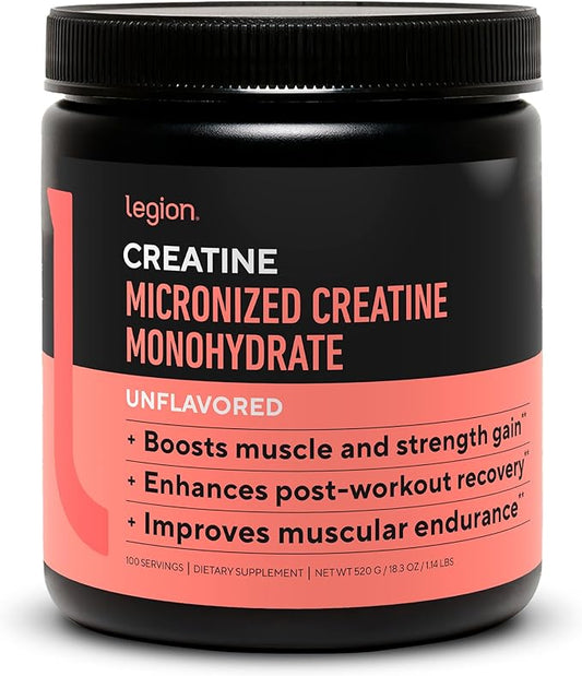 LEGION Micronized Creatine Monohydrate Supplement - Clean Creatine Powder for Muscle Gain & Post Workout Recovery - Micronized Creatine Supplement for Maximum Absorption (100 Servings, Unflavored)