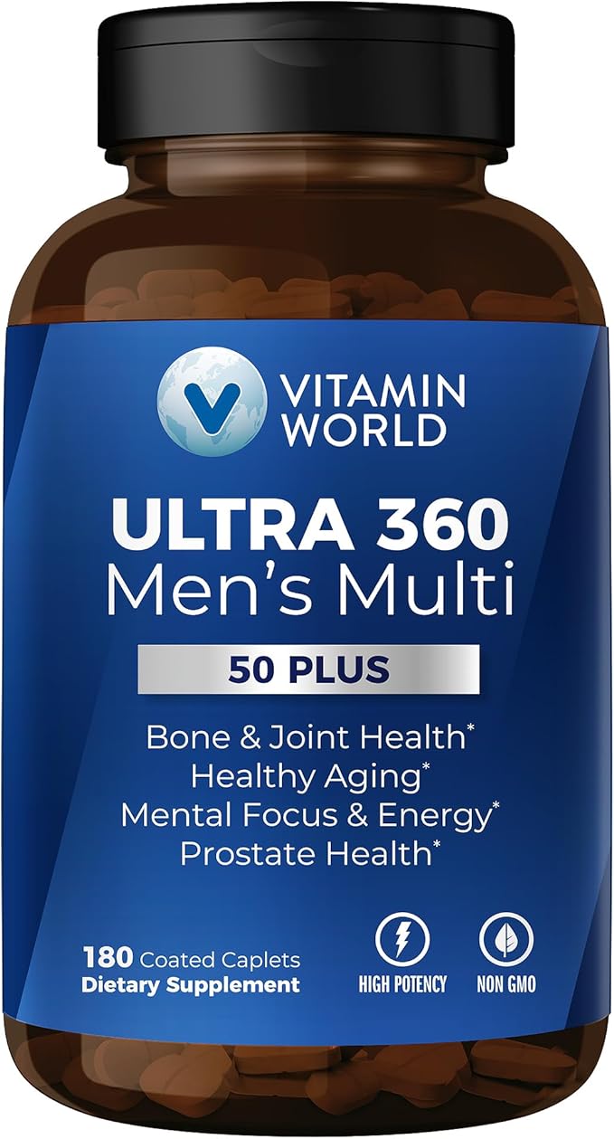 Vitamin World Ultra 360 Multivitamin for Men 50 Plus, Men's 50+ Multivitamin with Minerals & Herbs for Prostate Function, Supplement with Vitamin A, C, D, E & Zinc for Healthy Aging, 180 Caplets