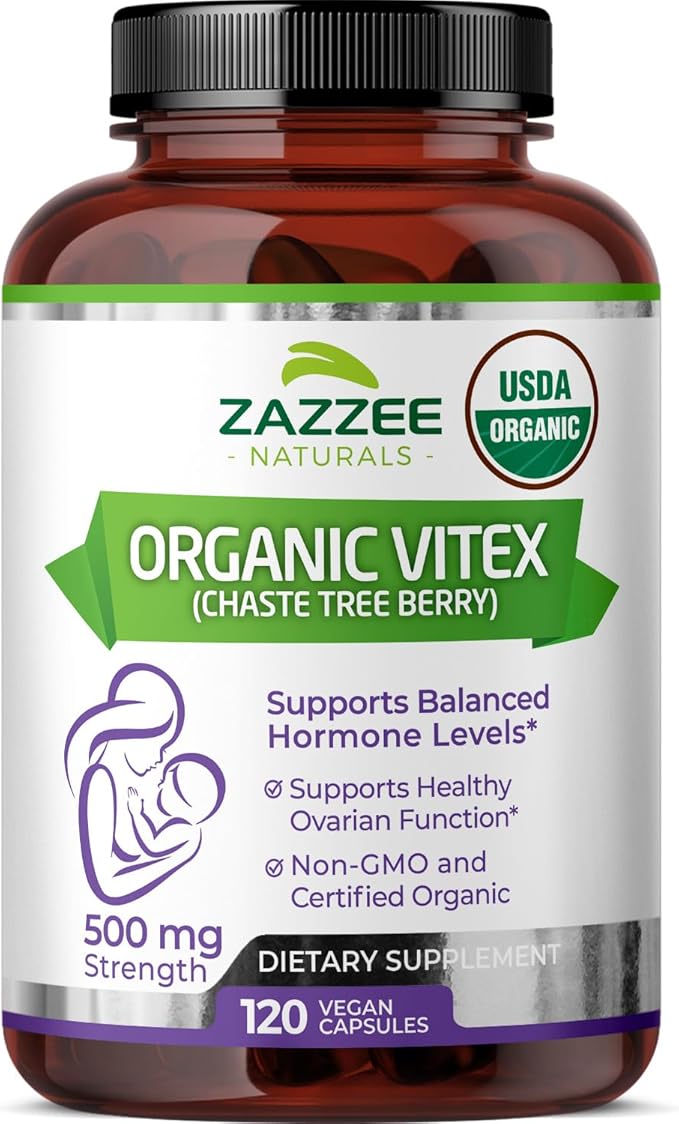Zazzee USDA Organic Vitex, 500 mg Strength, 120 Vegan Capsules, 4 Month Supply, Standardized and Concentrated 4X Extract, Whole USDA Certified Organic Chaste Berry, All-Natural and Non-GMO