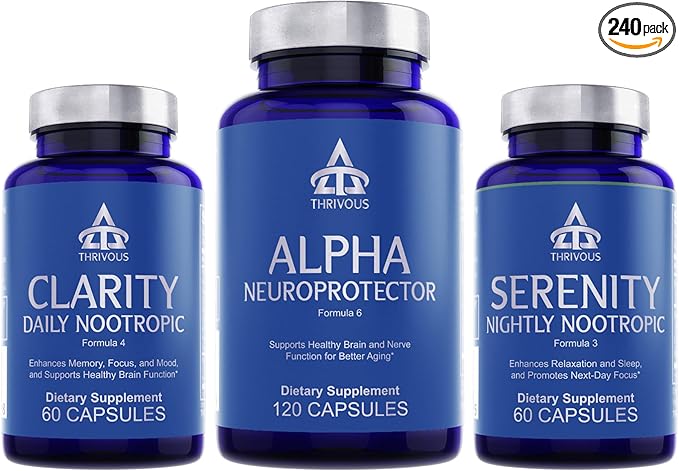 Thrivous Nootropic Stack - Enhance Memory, Sleep & Brain Function for Better Aging - Advanced Nootropic Supplement - Includes Clarity, Alpha & Serenity - 3 Bottles - 240 Capsules