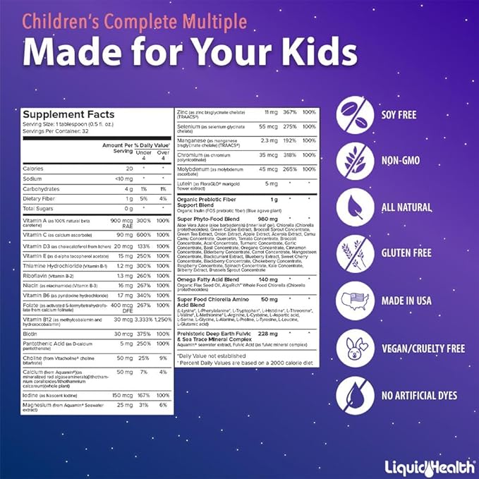 LIQUIDHEALTH Children's Complete Liquid Multivitamin for Kids, Toddlers - Essential Vitamins, Nutrients & Minerals, Immune Support, Gut Health - Made in The USA, Vegan, Non GMO, Sugar-Free (16 oz)