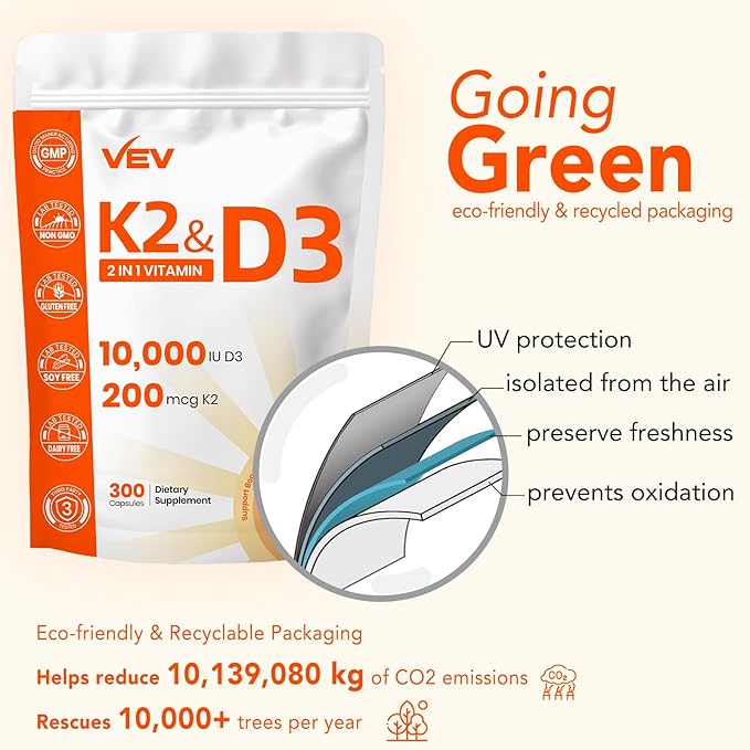 VEV Vitamin D3 K2, 10,000 IU D3, 200mcg K2 (with MK7), Supports Bone and Teeth Health, Dual Nutrient Support for Daily Wellness, Easy to Swallow (Packaging May Vary) – 300 Capsules