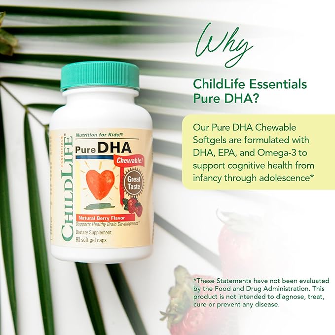 CHILDLIFE ESSENTIALS Pure DHA for Kids - DHA Supplements, DHA EPA Omega 3 Supplement, Children DHA Chewables, Baby DHA, Fish Oil for Toddlers, Gluten Free - Natural Berry, 90 Softgels (Pack of 1)