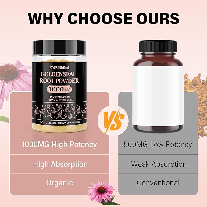 Goldenseal Root Powder Organic Supplement 1000 mg, Goldenseal Powder Supplement with Echinacea & Goldenseal for Immune & Gut Health, Pure & Natural(60 servings per bottle)