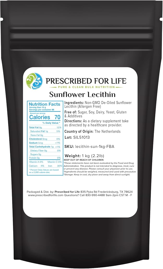 Prescribed For Life Sunflower Lecithin Powder, Unbleached, Gluten Free, Vegan, Non GMO, Soy Free, Kosher, Naturally Rich in Choline & Essential Fatty Acids (1kg / 2.2lb)