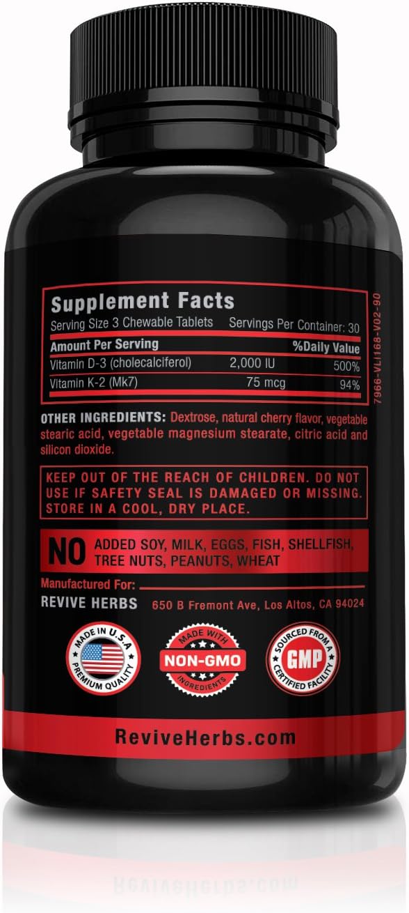 Vitamin K2 D3 - Cherry Flavored Chewable Tablets for Superior Calcium Absorption - Supports Bone & Cardiovascular Health - Serving Size K2 mk7 225 mcg, D3 6000 IU - Vitamin D3 K2