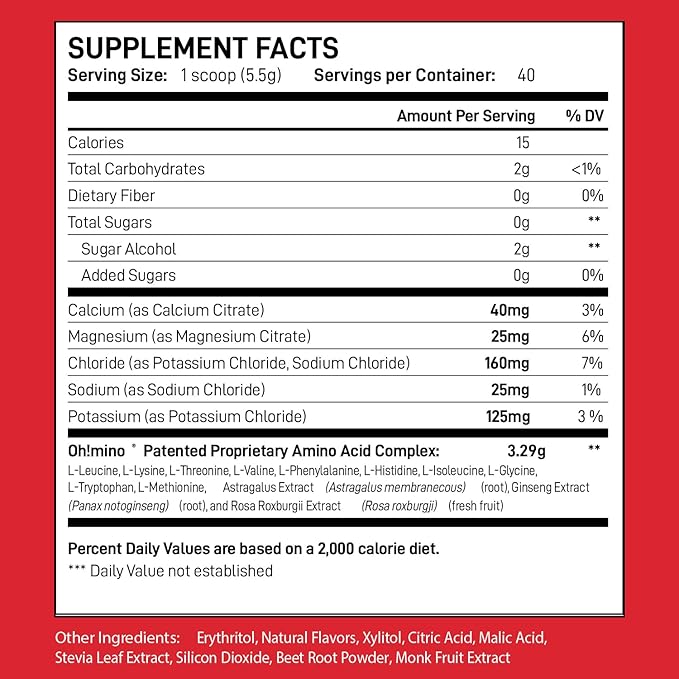 Ohmino Essential Amino Acids for Muscle Gain - BCAAs and EAA Amino acids Powder Supplement, Pre & Post Workout - Non Caffeine, Non Dairy, Vegan, Zero Sugar & Net Carbs - 40 Servings (Berry Blast)
