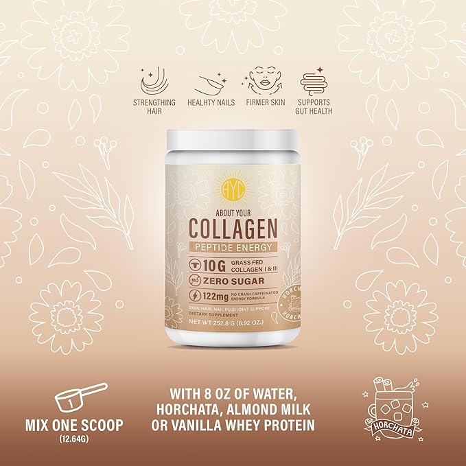 Peptide Energy Collagen Powder Hair, Nail, Skin, Type I & III,Caffeine for Energy, Vitamin C, Biotin, Hyaluronic Acid, Zero Sugar – 8.92 oz (Horchata)