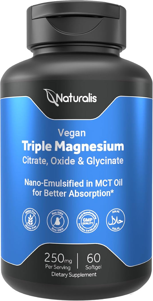 Triple Magnesium Complex | Vegan Magnesium Glycinate, Citrate & Oxide 250mg | Easily Absorbed Magnesium Supplement for Stress, Muscle, Heart, Bone Support | 60 Veggie Softgels
