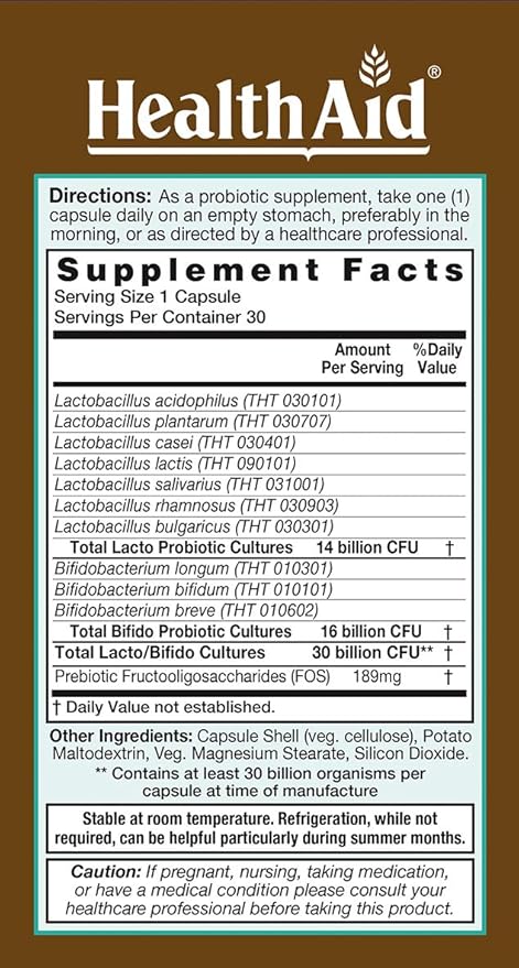 AdultsProbio 30 Billion, 10 Strains, Once Daily, 30ct, 30 Billion with Prebiotic, Acid & Bile Resistant Strains, Dairy & Gluten Free, Vegan