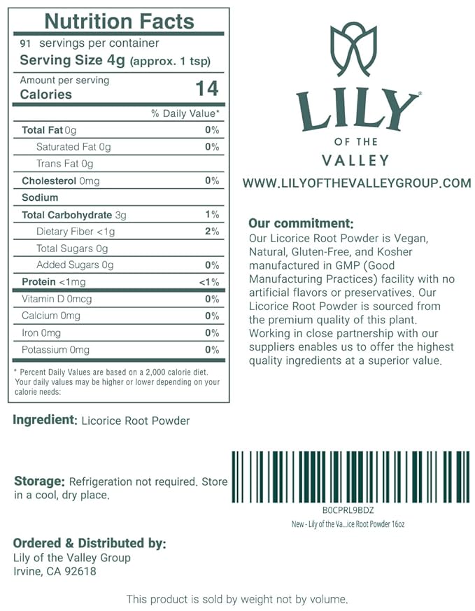 Lily of the Valley Licorice/Liquorice Root Powder - Ground Mulethi Sourced from India - Natural Sweetener - Vegan & Gluten-Free - Packed in Resealable Pouch (16oz, 453g)