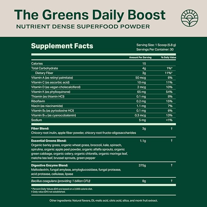 Proper, The Greens Daily Boost Organic Greens Powder. Whole Food, Apple Flavor Veggie Powder Superfood with Wheatgrass, Spirulina, Chlorella, Probiotics. Daily Drink Mix for Wellness and Digestion