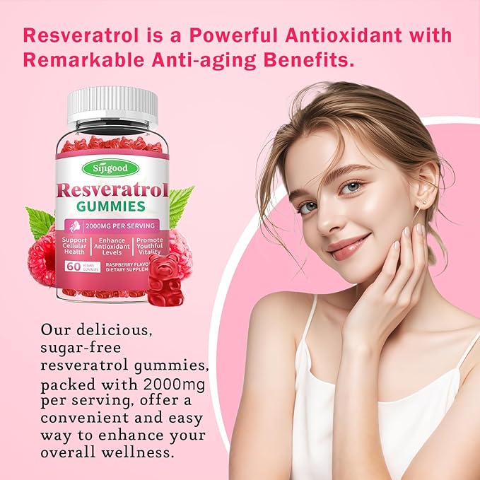 2000mg Organic Resveratrol Gummies for Women - Sugar Free Resveratrol-Nutritional-Supplements for Antioxidant Support, Cellular Health, Immunity, Brain & Energy, Raspberry Flavor, 60 Count