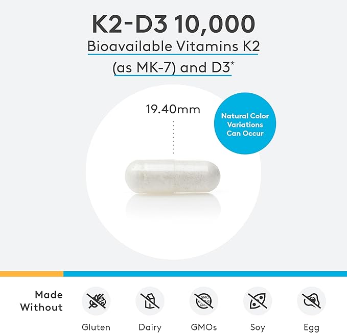 XYMOGEN K2-D3 10000 - Vitamin D3 K2 - Bioavailable Vitamin D 10,000 IU (Cholecalciferol) with Vitamin MK-7 - Heart, Arterial, Bone Health + Immune Support Supplement (60 Capsules)