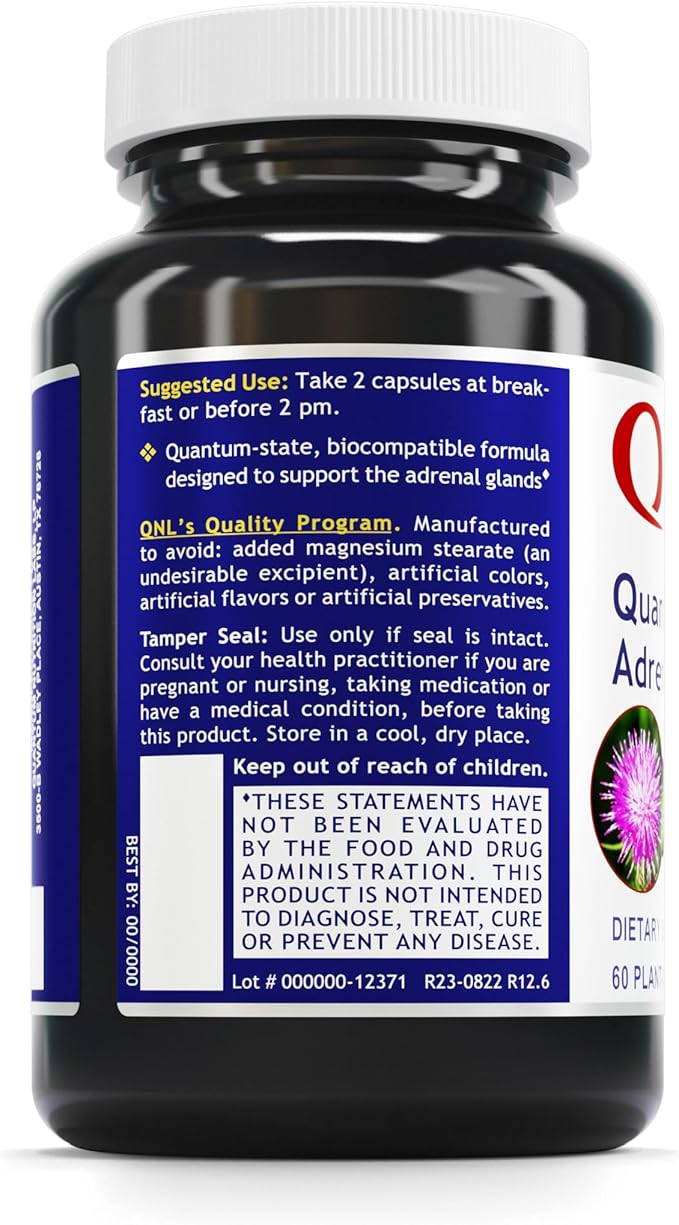 Quantum Nutrition Labs Quantum Adrenal Support- Adrenal Health Support Supplements, Support for Fatigue and Promote Calmness, Adrenal Gland Vitamins, Rhodiola Rosea, Organic - 60 Vegan Capsules