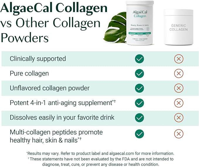 ALGAECAL Collagen: 4 Clinically-Supported Collagen Peptides VERISOL®, FORTIGEL®, UC-II®, FORTIBONE®, Anti-Aging Hydrolyzed Collagen Powder, 3 Packs, Made in USA