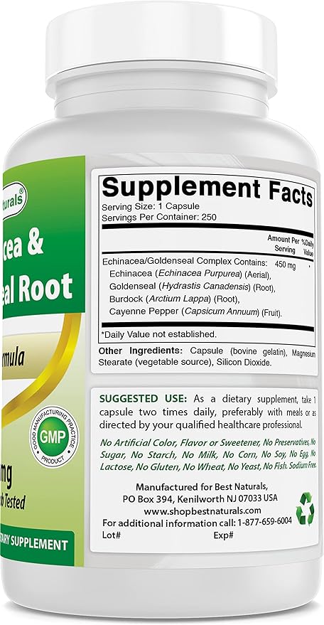 Best Naturals Echinacea Goldenseal 450 mg 250 Caps