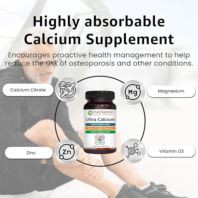 Pure Nutrition Ultra Calcium 1000mg with VIT D3 + K2 | 90 Tab | Highly absorbable Calcium Supplement with Calcium Citrate Malate, VIT D3, K2, Moringa Oleifera, Magnesium and Zinc.