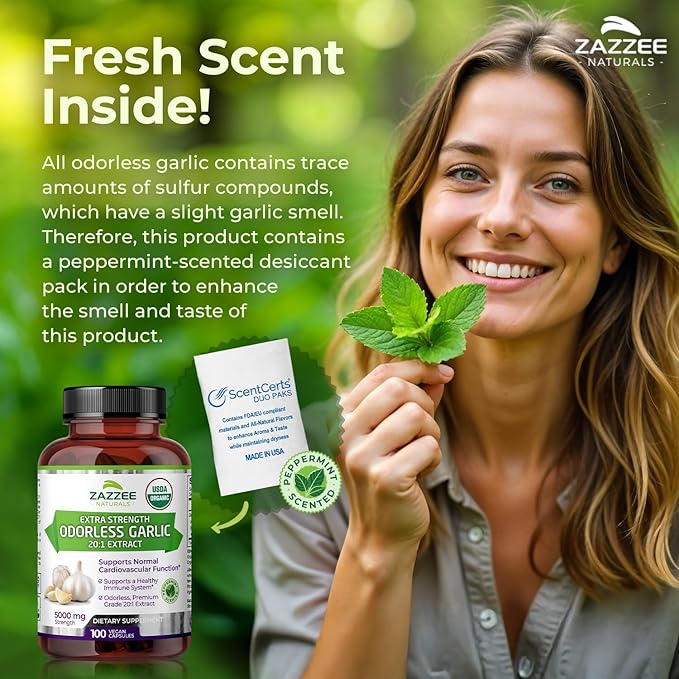 Zazzee USDA Organic Odorless Garlic 20:1 Extract, 5000 mg Strength, 100 Vegan Capsules, 3+ Month Supply, Standardized, Concentrated 20X Extract, 100% Vegetarian, All-Natural, Non-GMO, Made in The USA