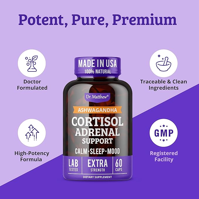 Dr. Matthew Cortisol Reducer Supplement for Women. Adrenal Support with Ashwagandha, Rhodiola & Ginseng – A Detox Cocktail to Lower Cortisol & Aid Relaxation, Calm and Restful Sleep
