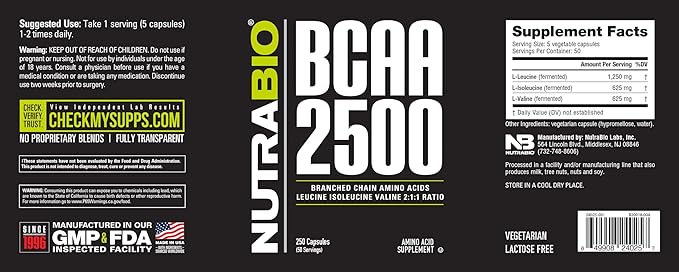 NutraBio – BCAA 2500 – Branched Chain Amino Acids – Support New Muscle Growth and Prevent Muscle Breakdown – 250 Capsules