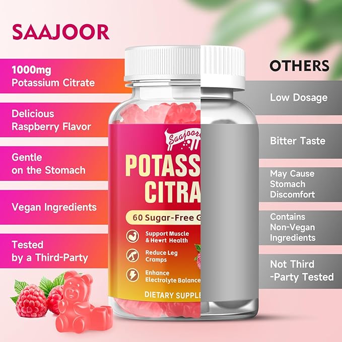 2 Pack Potassium Citrate Gummies 1000mg, Potassium Supplement for Adults Women & Men, Support Leg Cramps & Muscle Health, 120 Count