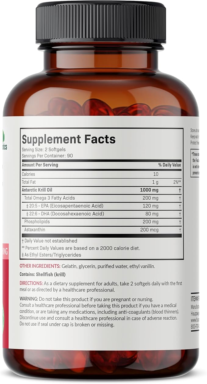 Futurebiotics Antarctic Krill Oil 1000mg with Omega-3s EPA, DHA, Astaxanthin and Phospholipids - 100% Pure Premium Krill Oil Heavy Metal Tested, Non GMO – 180 Softgels (90 Servings)