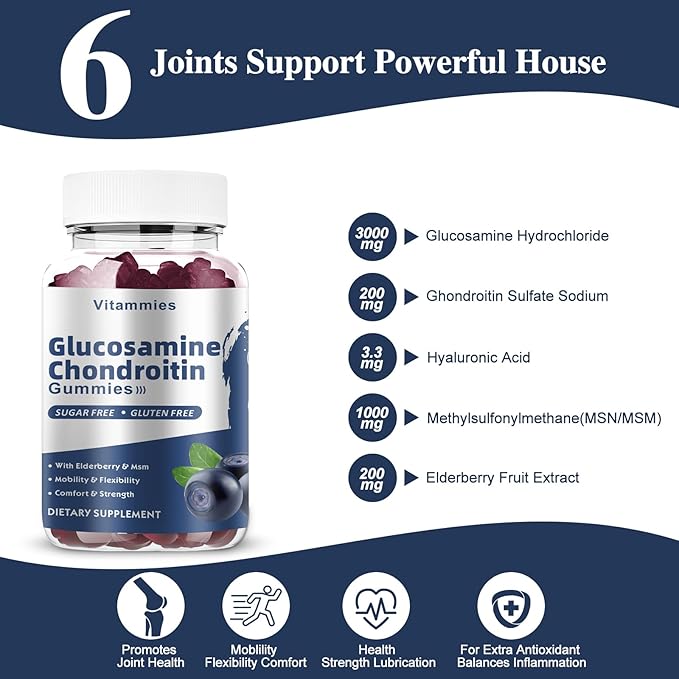 Glucosamine Chondroitin Gummies with MSM & Elderberry Extra Strength - Joint Support, Antioxidant Immune Support Supplement for Adults, Men & Women - 60 Blueberry Gummies