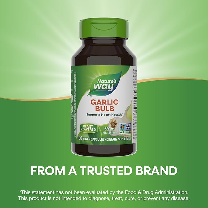 Nature's Way Garlic Bulb, Supports Heart Health*, Non-GMO Project Verified, 580 mg per Serving, Vegan, 100 Capsules (Packaging May Vary)