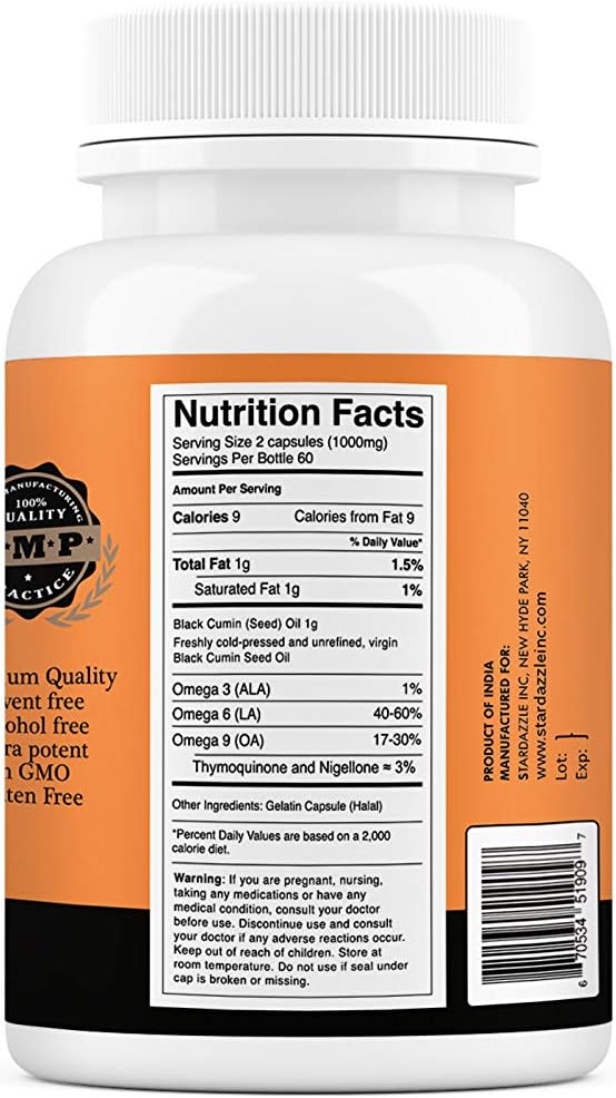 Pure Black Seed Oil Capsules 1000mg per serving - 120 Capsules - Cold Pressed and Non GMO