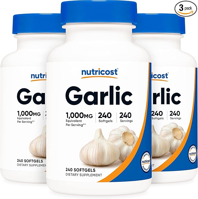 Nutricost Garlic 1000mg, 240 Softgels (3 Bottles) - Odorless, Premium Gluten Free Supplement