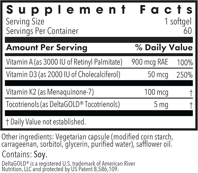 Allergy Research Group Vitamin D3 Complete - Vitamin D3 and K2 Supplement, Daily Balance, with Vitamin A, DeltaGold Tocotrienols, High Potency, Veggie Softgels - 60 Count
