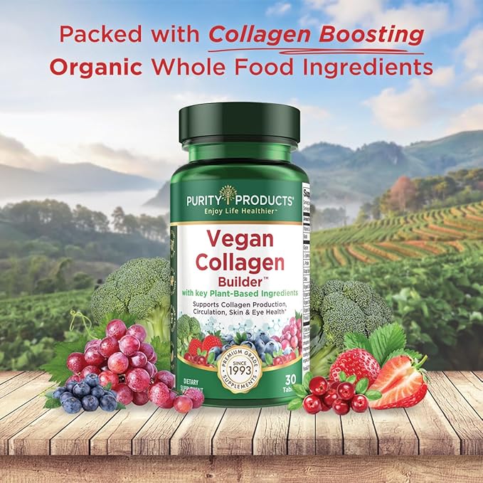 Purity Products Vegan Collagen Builder - Organic Whole Foods Fruits + Veg, Silica, Lutein, Vitamin C, Biotin, Grape Seed - Amino Acids Glycine, Lysine + Proline Collagen Boosters - 30 Tablets