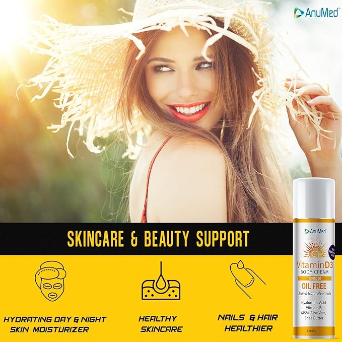 AnuMed Vitamin D3 10,000 IU Oil-Free Cream with Magnesium + Hyaluronic Acid, Vitamin E. Moisturizing Cream for Dry Skin. Non-Greasy, Non-GMO, 100% Vegan, Gluten-Free (3oz)