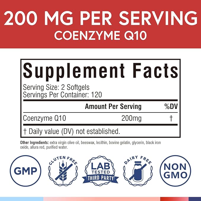 Terranics CoQ10 200mg, Coenzyme Q10 Supplement with Extra Virgin Olive Oil for Enhanced Absorption, Made in USA, Supports Heart Health, Antioxidant Protection, Energy Production, Non-GMO, 240 Softgels