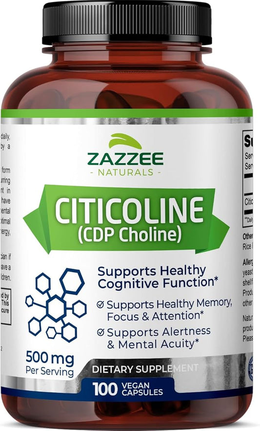 Zazzee Extra Strength Citicoline, 500 mg per Serving, 100 Vegan Capsules, Superior CDP Choline Form, 100% Vegetarian and Pharmaceutical Grade, 50-Day Supply, All-Natural and Non-GMO